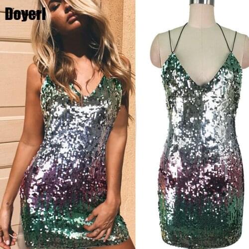 Women Sequin Dress Halter Neck Spaghetti Strap Sparkly Bodycon Mini Dress Colorful Glitter Crisscross Back Short Party Dresses