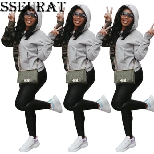 SSEURAT Women Coat Fashion Street Hipster Camouflage Patchwork Hooded Double Zipper Coat