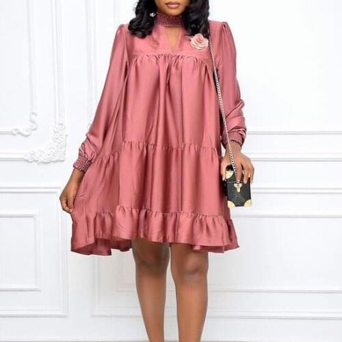 Women Summer Loose Mini Dress Pleated Long Sleeve Plus Size Elegant Casual 2021 Solid Color Fashion Classy New Clothing Vestidos
