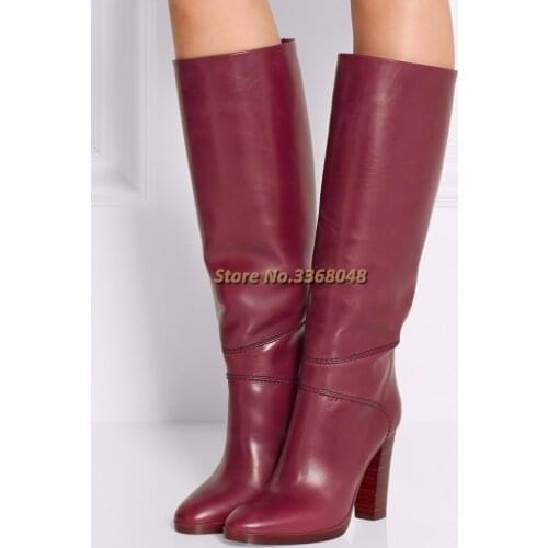 Burgundy Knee High Boots Wooden High Chunky Heel Round Toe Slip On Sewing Thread Boots Square Heel Matte Leather Boot