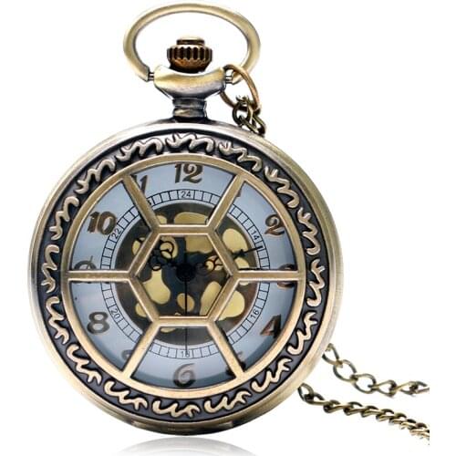 Antique Pocket Watch Half Hunter Women Retro Gift Grilles Pendant Chain Hexagon Trendy Modern Men Student Relogio De Bolso