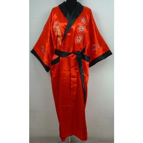 Red-Black Two-face Chinese Womens Robe Mujeres Pijama Reversible Silk Satin Kimono Embroidery Gown Dragon One Size S0004