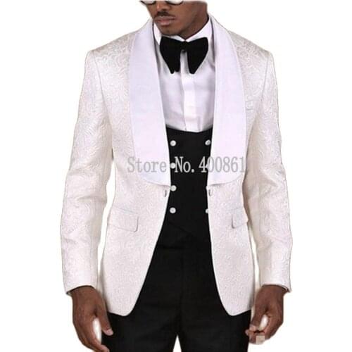 Fantastic One Button Ivory Paisley Groom Tuxedos Groomsmen Shawl Lapel Mens Suits Blazers (Jacket+Pants+Vest+Tie) W:1201