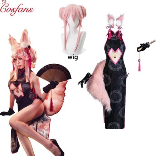FGO Fate Grand Order Tamamo no Mae Koyanskaya Fox Secretary Cheongsam Dress Uniform Outfit Cosplay Costumes and wig glasses fan