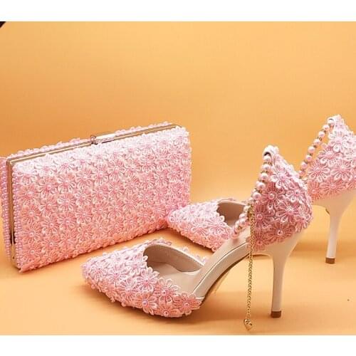 Pink Flower Wedding Shoes And Bags Set High Heels Pointed Toe Ankle Strap Ladies Party Shoe With Matching Purse Pearl Lace-up