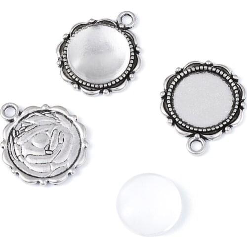 PandaHall 20Set 14mm Flower Alloy Pendant Cabochon Settings and Half Round/Dome Clear Glass Cabochons Jewelry Component Findings
