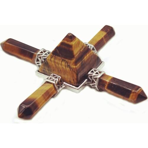 Trendy-beads Silver Plated Square Pyramid with 4 Hexagon Column Energy Transmitter Natural Tiger Eye Stone Pendant
