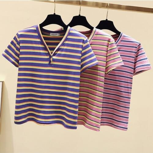 Fashion Striped V-Neck Knitted T-Shirts Women Summer Casual Cotton Short Sleeve Tee Shirt Female Button short Tops Harajuku
