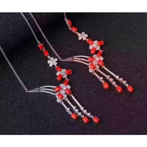 Natural red coral gem Necklace natural gemstone Pendant Necklace S925 silver Luxury fashion tassel flowers women wedding Jewelry