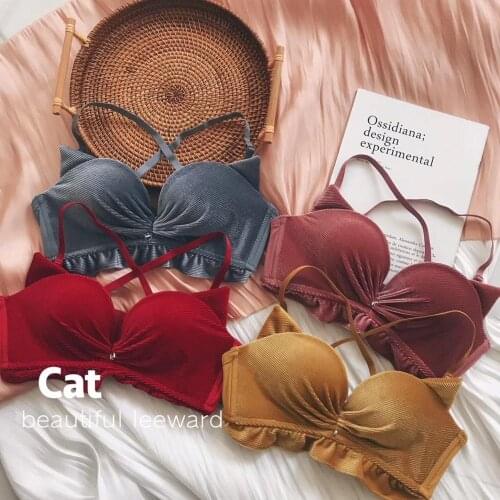 Timo cat underwear, comfortable, seamless, no steel ring gathered sexy and cute adjustable female bra set