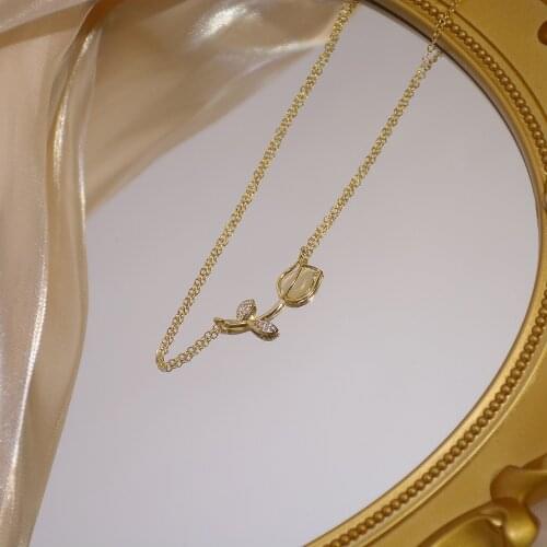 New Exquisite Chic Style 14k Real Gold Rose Flower Necklace Opal Micro Inlaid AAA Zircon Bridal Pendant Ladies Jewelry