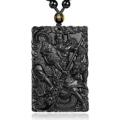 Superb Pure Natural Obsidian Royal Dragon Guan Gong Pendant Men Womens Carving Guanyu Amulet Beaded Necklace