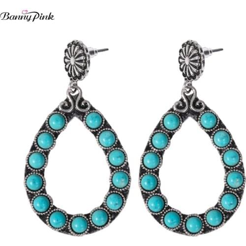 Banny Pink Bohemia Turquoises Earrings For Women Vintage Stone Statement Stud Earrings Large Waterdrop Chandelier Earring Brinco