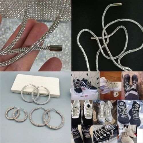 Popular Rhinestone Shoelaces 138Cm Dense Diamond Round Tube/Cotton Rope Trims Trouser Drawstring Diy Hoodie Waistband Dress Belt