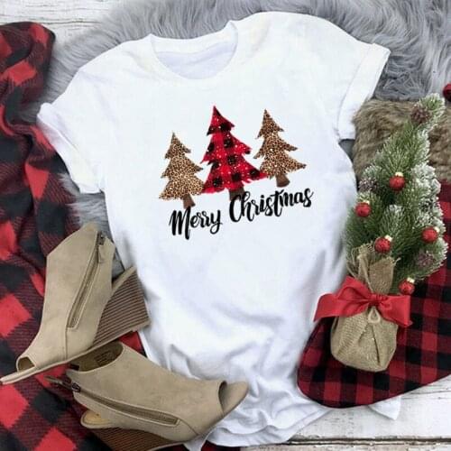 Merry Christmas Trees Print Ladies T-shirts Casual Short Sleeve Womens White T-shirt Vintage Femme Tee Shirt