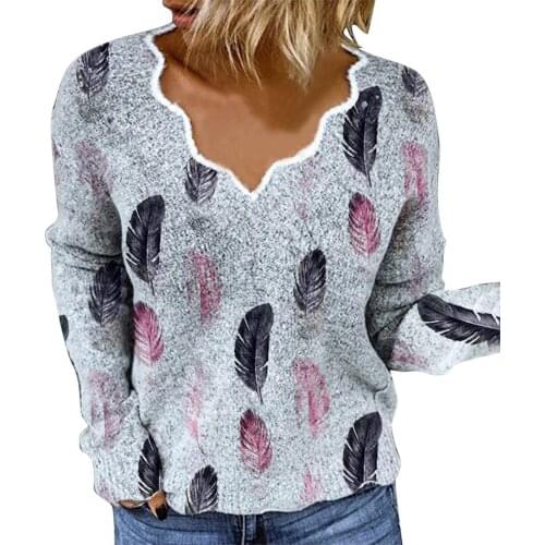 Autumn Womens Wool Thread Blouse Embroidered V-Neck Printed Loose Long Sleeve Top Women Loose Casual Boutique Knit Jumper Tops