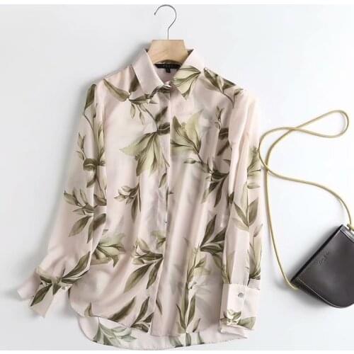 Za 2021 Women Vintage Leaf Print Chiffon Shirts Long Sleeve Oversized Long Sleeve Single Button Elegant Blouses Stylish Tops