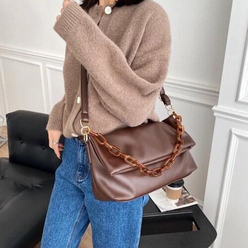 Female bag 2021 new large-capacity shoulder bag Fashion acrylic chain crossbody bag soft leather handbag 3 colors hot sale black