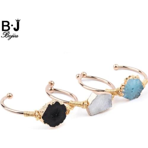 BOJIU Natural Druzy Stone Gold-color Cuff Bangles For Women Irregular Solar Sun Flower Drusy Quartz Armlet Bangle Jewelry BR037