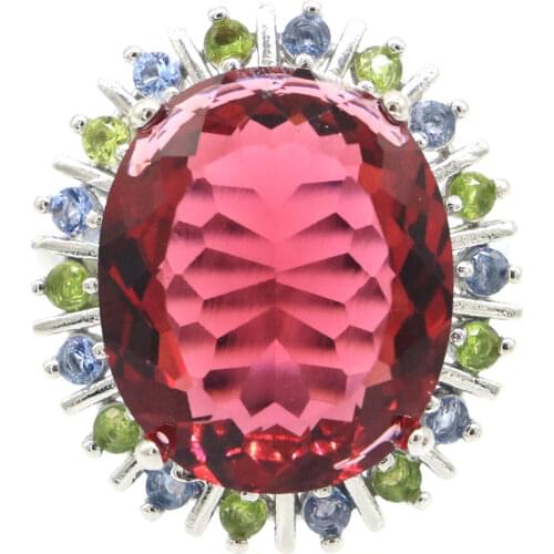 24x13mm Anniversary Created Pink Tourmaline White CZ For Sister Daily Wear Silver Rings