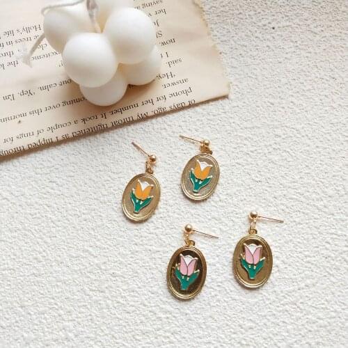 ZiccoWong Vintage Tulips Flower Ellipse Elegant Ear Stud Earring For Girl Women Fashion Geometric Exaggerated Stud Jewelry