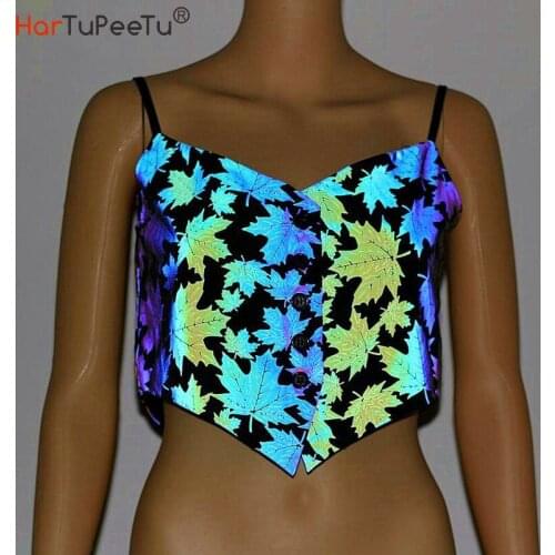 Womens Reflective Crop Tops Festival Rave Outfits Girls Sexy Night Club Party Tank Vest with Maple Leaf Pattern Camisole 2021