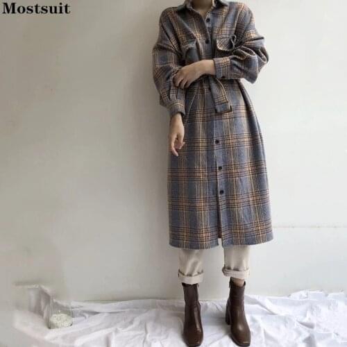 Autumn Winter Vintage Plaid Shirt Dresses For Women Long Sleeve Pockets Single-breasted Buttons On Elegant Dresses Outwear