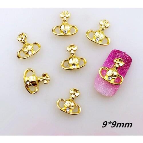 10Pcs/Lot 9*9mm Gold Planet with Rhinestone Metal Alloy Nail Art Decorations Nail Stickers/Deco/Charms for Manicure