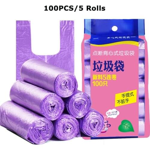 100PCS/5 Rolls Black Purple Green Blue Thicken Garbage Bags Vest Style Storage Bag For Kitchen Home Bath Waste Trash Bag 45x63cm