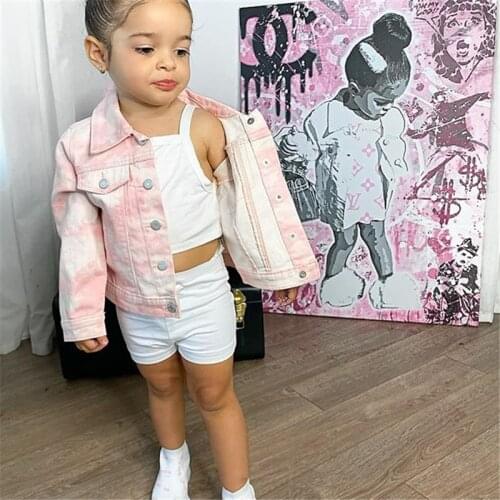 2021 Fashion Autumn Kids Girls Jacket Tie-Dye Printed Long Sleeve Single Breasted Pocket Turndown Collar Coat 2-7Y