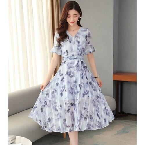 2021 Vintage Blue Floral Chiffon Sweet Midi Dresses Spring Summer New Plus Size Runway Dress Elegant Women Bodycon Party Vestido
