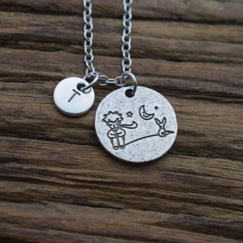 26 Letter Alphabet Initial Necklace The Little Prince With Fox Under The Moon Pendant