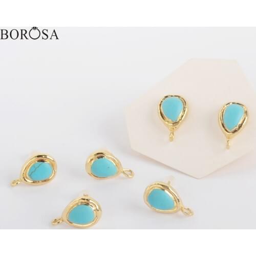 BOROSA Turquoises Earrings, 10Pairs Wholesale 11x9mm Drop Blue Howlite Stud Earrings Accessories for Handmade Jewelry PJ419