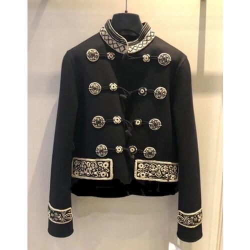 Cakucool Palace Vintage Design Jacket Women Stand Collar Embroidery Horn buckle Short Outerwear Cool Punk Jackets Coat Black