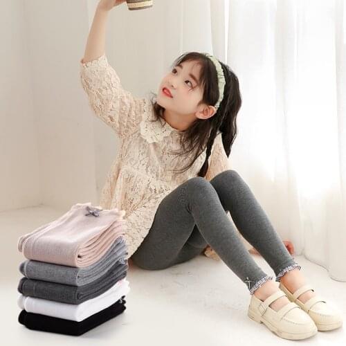 Spring and Autumn Mini Bowknot Plaid Lace Nine Points Pure Cotton Thin Leggings Girls Baby Breathable High Stretch Pants