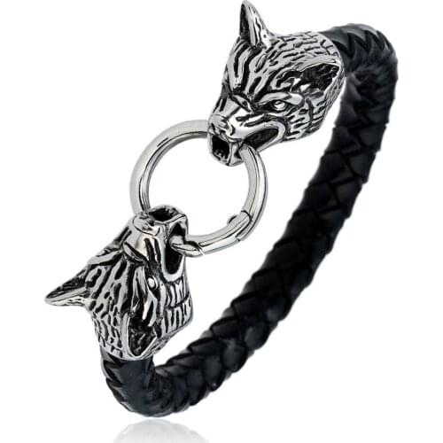 Double Wolf Head Charm Bracelet For Men Wide Weave Genuine Leather Wristband Stainless Steel Classic Bracelet Men Bangle