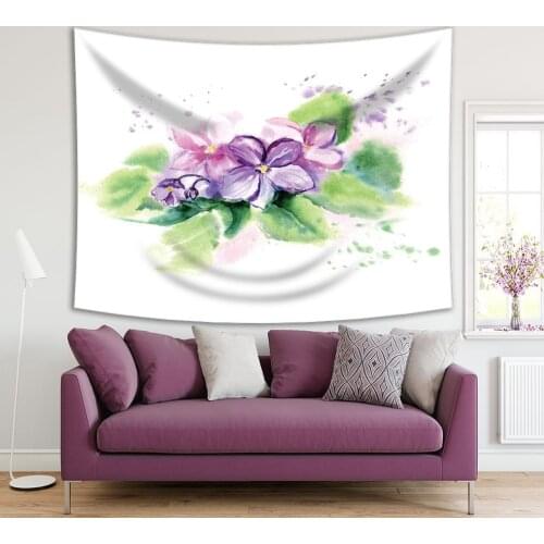 Tapestry Flowers and Leaves African Violet Plant Watercolor Painting Artwork Printed Purple Green