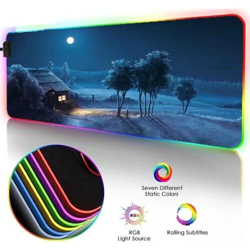 Gaming Mouse Pad Night Village Pattern RGB Large Mouse Pad LED Luminous Color Lighting Computer Notebook Desk Mat