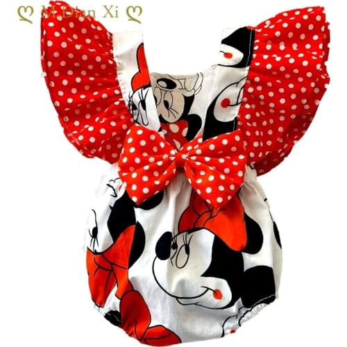 Girls Cute European and American Cartoon Minnie Cotton Poplin Ruffled Sleeves Halter Bow Newborn One Piece Childrens Clothing