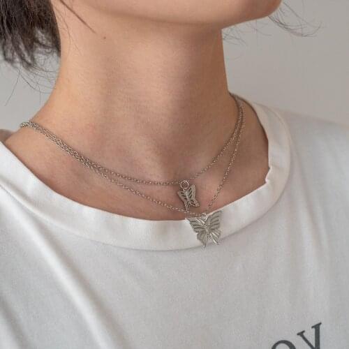 South Korea 2021 Fashion and Exquisite Two Butterfly Multilayer Ladies Necklace Pendant Stainless Steel Retro Chain Necklace