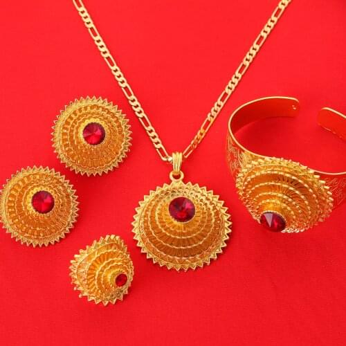 Trendy Romantical 24k Gold Color Ethiopian Red Green Blue Color Stone African Eritrean Jewelry Sets