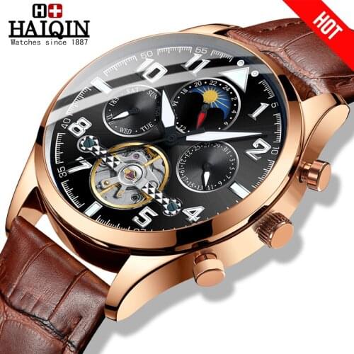 HAIQIN 2019 Fashion mens watches top brand luxury mechanical watches Business Leather watch men wristwatch waterproof tourbillon