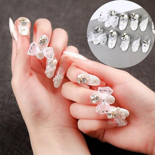 24 Pcs Rhinestone False Nails Bride Wedding Party Fake Nail Luxury Nail Art Faux Ongles Lady Full Nail Tip Patch Glue Stickers
