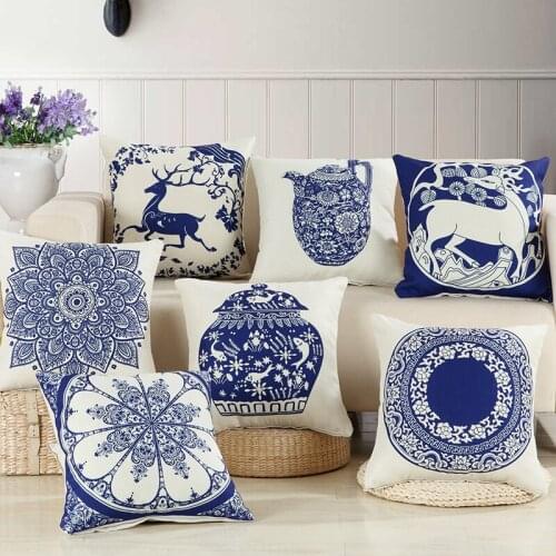 Cotton Linen Pillow Cover Chinese Style Decorative Pillows Retro Blue And White Porcelain Florals Pattern Cushion