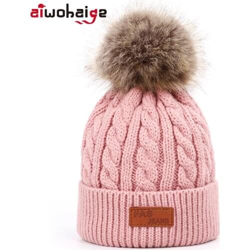 2019 new high quality winter childrens pompom knit beanie Boys girls Solid color casual hat Kids warm Soft cap Baby beanies