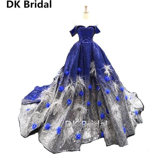New Gradual Blue White Feathers Prom Party Dresses 2019 Floor Length Sweetheart Off The Shoulder Evening Dress Vestido de Festa