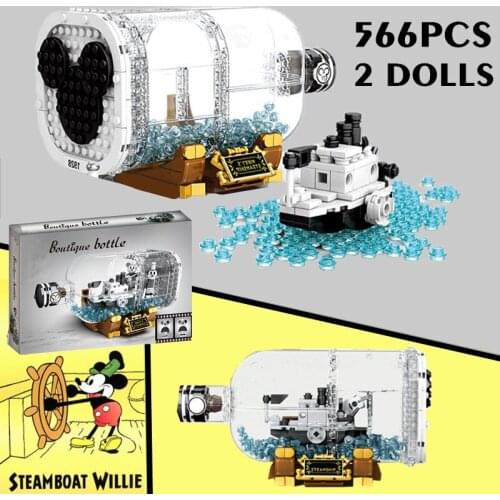 New 566PCS Ideas Disney Mickey Movie Steamboat Willie Ship Boat In Bottle Building Block Bricks Toy Children Gift Kid Christmas