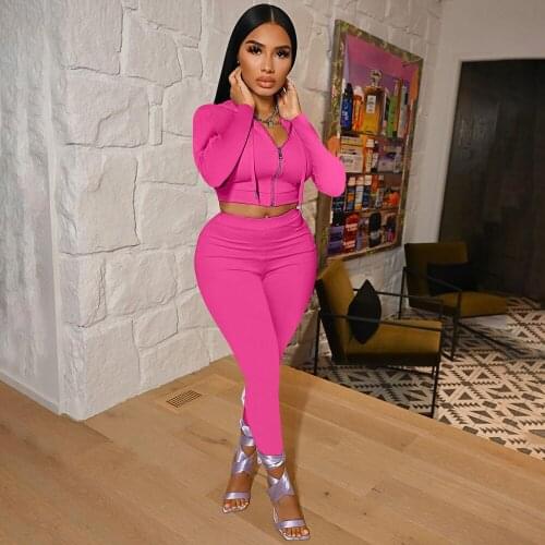 Solid 2 Piece Set Women Outfits Casual Zipper Hooded Crop Top + Leggings Slim Two Piece Set Sporty Fitness Pants Suit Autumn New