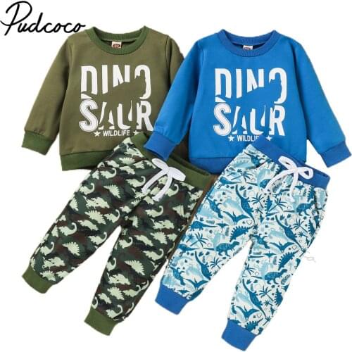 Boys Casual Two-piece Clothes Set, Letters and Dinosaur Printed Pattern Pullover and Pants, Blue/ Army Green