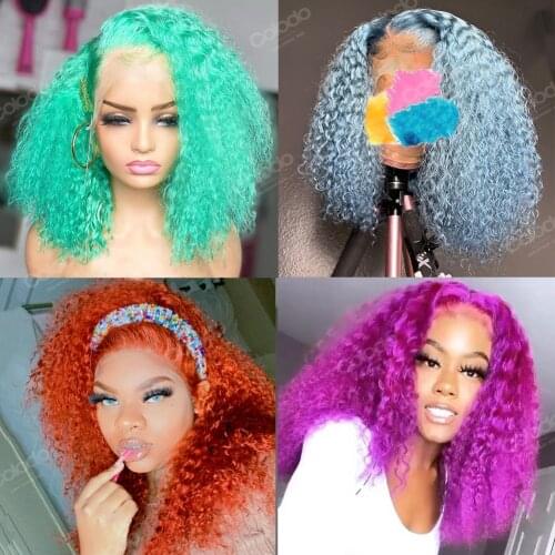 Pre Plucked Blue Green Kinky Curly Wig 180% Density Red Purple Curly Human Hair Wig Transparent Lace Wigs for Women COLODO